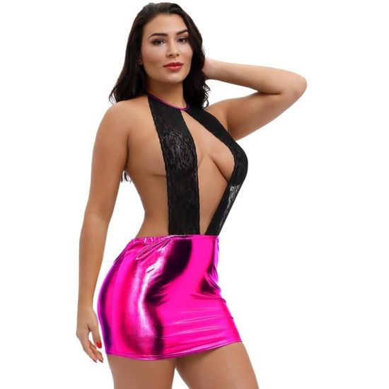 Robe Sexy licou profond V dentelle Faux cuir Mini robe pansement Look humide Ultra court robe de danse Type Lavande Blanc Cdiscount Pret a Porter