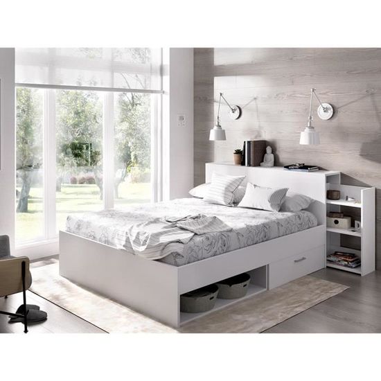 Lit avec tête de lit rangements et tiroirs 140 x 190 cm - Blanc + Sommier +  Matelas - EUGENE