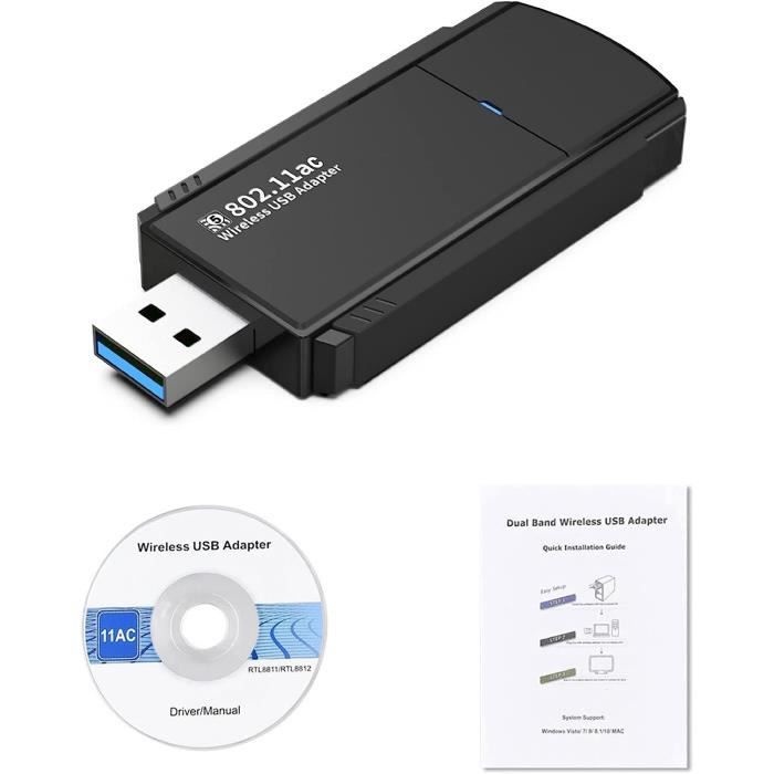 Dongle Wifi 1300 Mbps, Adaptateur Wifi Avec Émetteur Récepteur Bluetooth 5.0 802.11 Ac Double