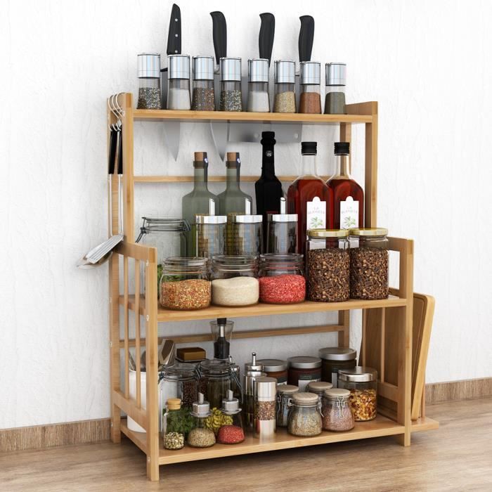 Support à épices debout réglable à 3 niveaux, organisateur de rangement en bambou avec porte-couteau et support de planche à découpe