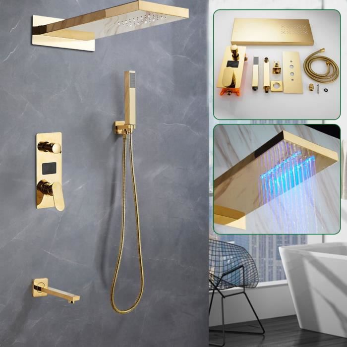 Robinet de douche LCD encastré douche pluie douche à main ensemble de douche système de douche-Or