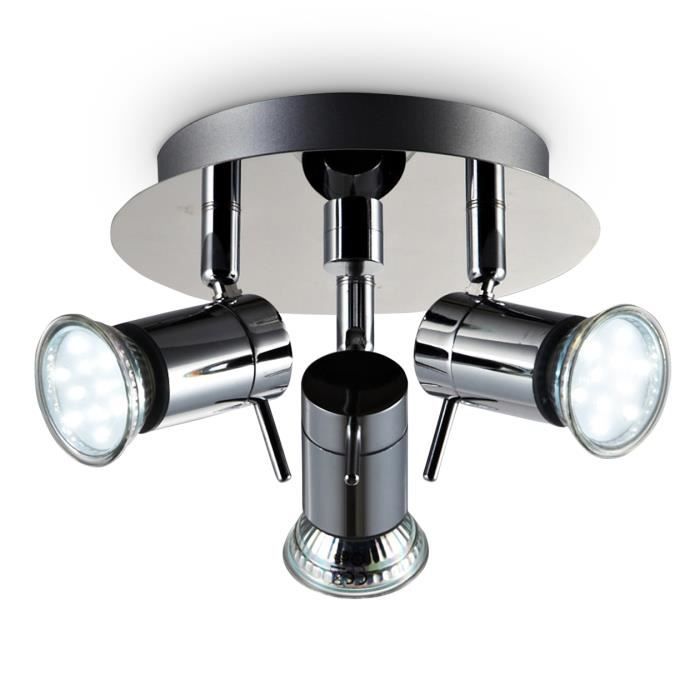 Plafonnier salle de bain LED éclairage lampe plafond sdb chrome 3 spots orientables IP44 GU10