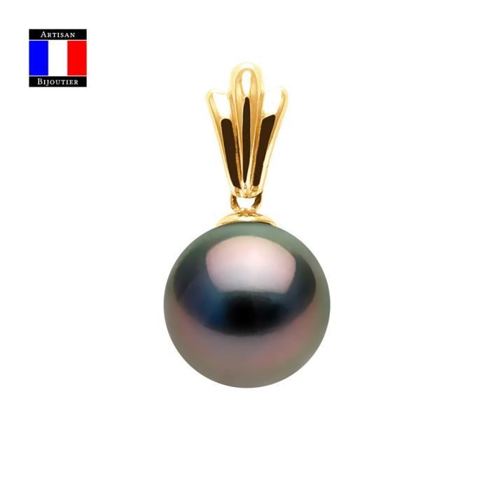 Compagnie Générale des Perles - Pendentif LYS Véritable Perle de Tahiti Ronde 12-13 mm Or Jaune 18 Cts - Bijou Femme