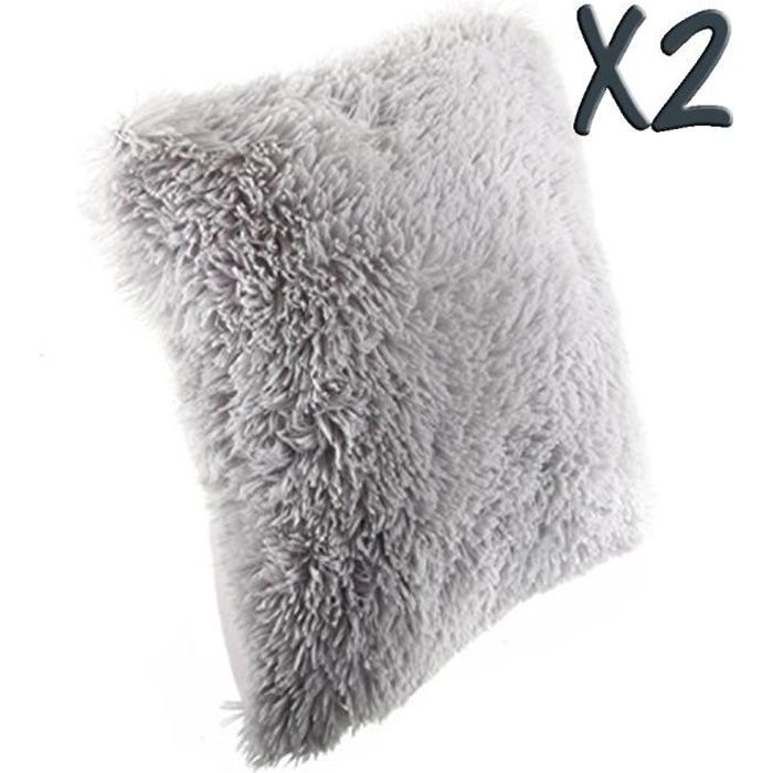 Lot de 2 Coussins imitation fourrure poil long Gris, 40 x4 0 cm