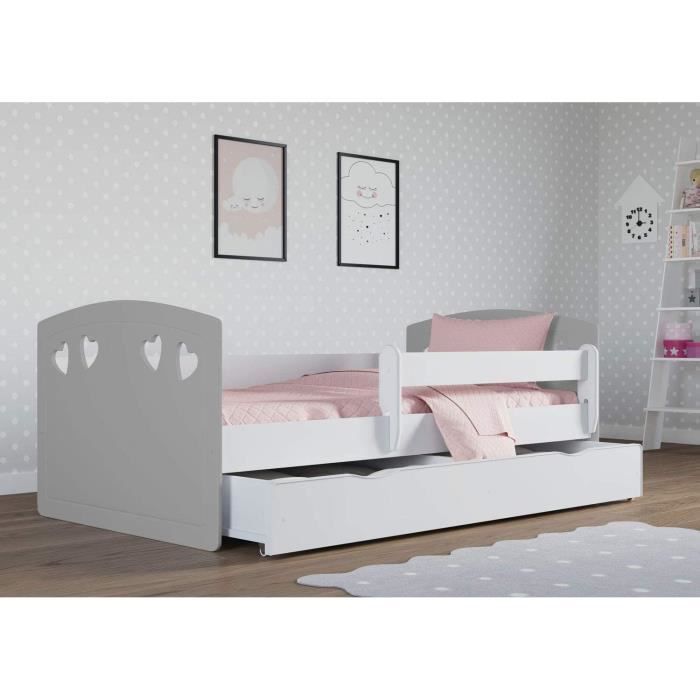 Lit Enfant Gris avec Matelas Inclus 80x140cm avec Barrière de Sécurité, Tiroir et Sommier à Lattes - pour Filles - 140x80cm - Gris