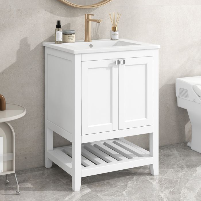 DRIPEX Ensemble de Meuble de salle de bain simple avec lavabo en céramique,portes,vasque,étagère de rangement,61×46×90cm,Blanc