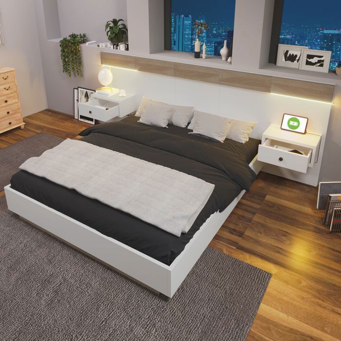 Lit Adulte Double 140x200cm - Cadre de Lit - 2 Tables de Chevet LED Prise USB - Sommier Inclus - Couleur : Chêne+Blanc