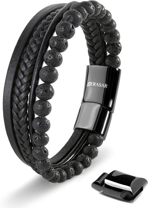 Bracelet en cuir véritable de qualité supérieure SERASAR pour homme [Stone] en noir Perles en pierre naturelle 20 cm