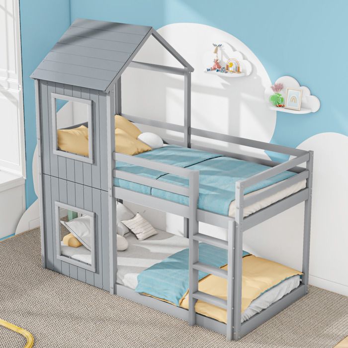 Lit superposé cabane enfant - 90x200 cm - Bois pin massif - Gris - Baldaquin et échelle