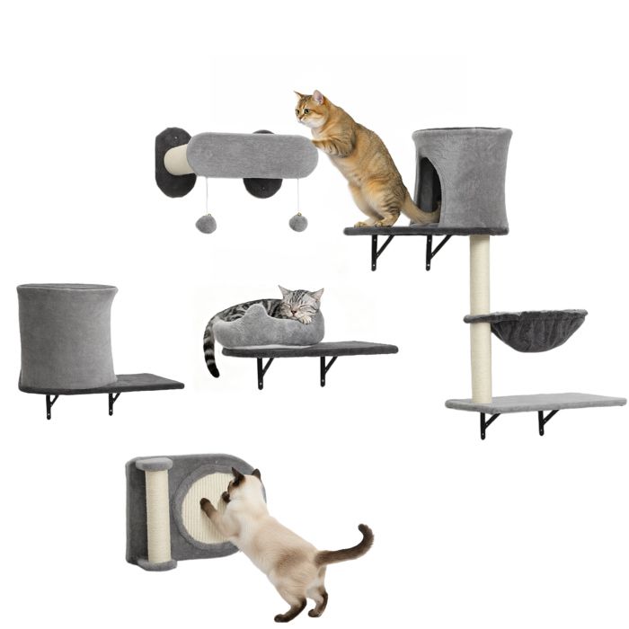 Comparer les prix de Étagères murales pour chat - arbre à chat mural - PawHut - 5 pièces 2 niches hamac plateformes griffoirs en sisal - gris