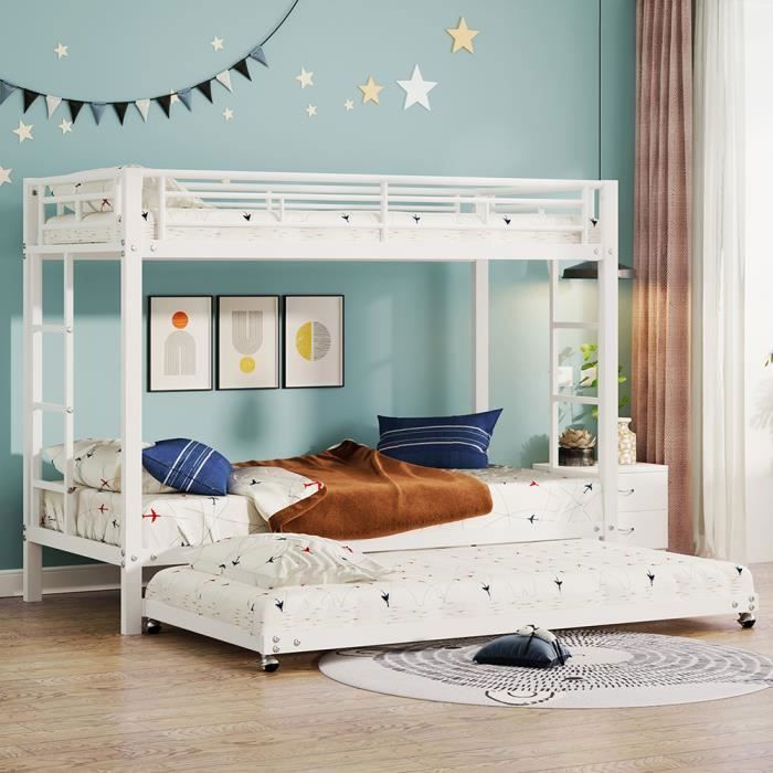 Lit superpose Lit enfant 90x200cm lit simple lit cadre en fer lit denfant quip dun lit gigogne garde-corps hauts blanc