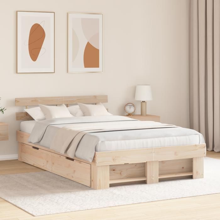 （Beige）Structure de lit en bois - Lit single Lit avec tiroirs 140 x 190 cm - Bois de pin massif 29048