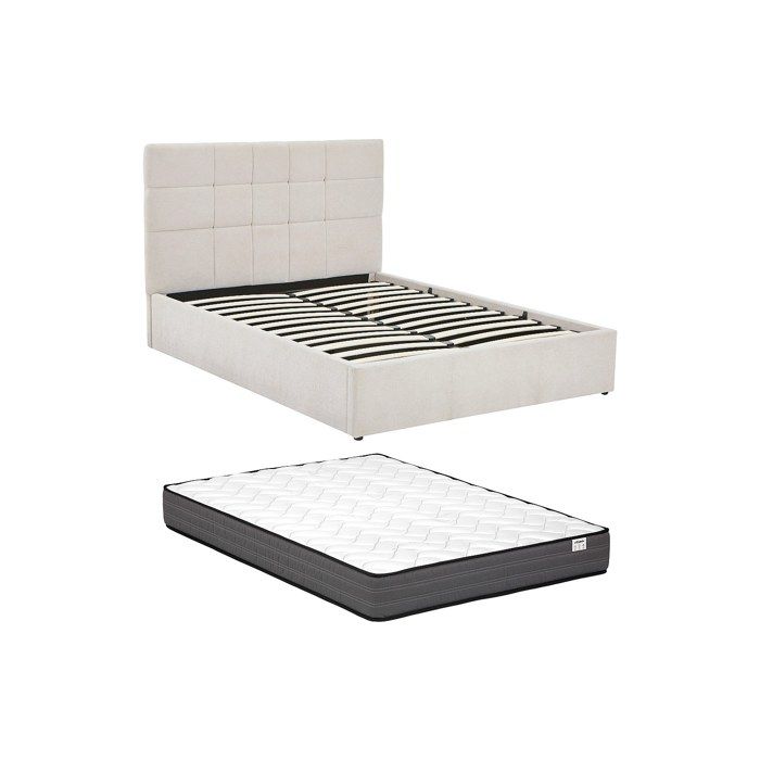 Lit coffre 140 x 190 cm - Tissu - Beige + Matelas - HOPEYA Lit coffre 140 x 190 cm - Tissu - Beige + Matelas - HOPEYA