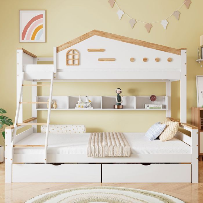 Lit 90x200cm/140x200cm lit enfant lit superposé barrières de sécurité deux tiroirs pin + MDF blanc + bois naturel