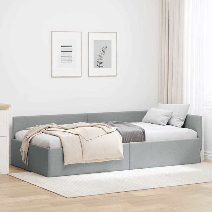 Cadre de lit dangle en velours - CLOUD - Gris clair - 90x190 cm - Design en L - Contreplaqué et bois dingénierie