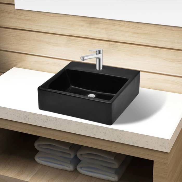 SALE 2026 Évier/lavabo pour cuisine/salle de bain Noir - Vasque rectangulaire à trou Noir en céramique pour salle de bain PRO9267