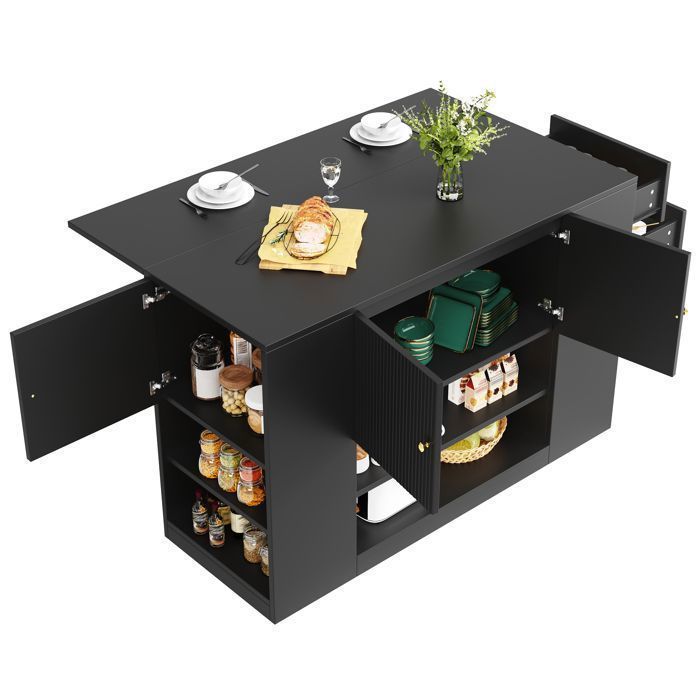 Desserte de cuisine extensible - HIBA - Îlot Central Cuisine - Plateau rabattable 70cm - 2 portes et tiroirs - Noir