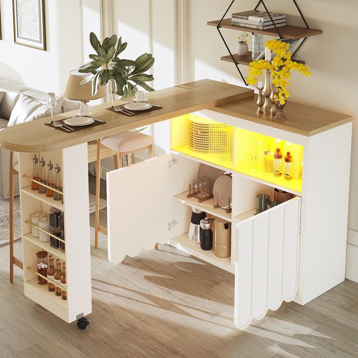 Meuble de Bar Mobile avec LED et Roulettes Table Bar Extensible 135-205 cm avec Rangement et Portes Striées