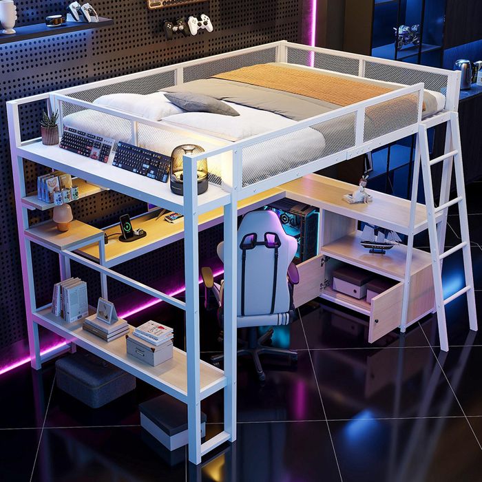 Lit Métal 140x200 cm Bureau Intégré LED Multi-Rangements Blanc