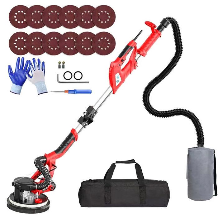 Ponceuse girafe Pliable Ponceuse de plafond avec aspirateur 7 Vitesses(1750 RPM) Lumière LED Manche Téléscopique 5m Cable750W