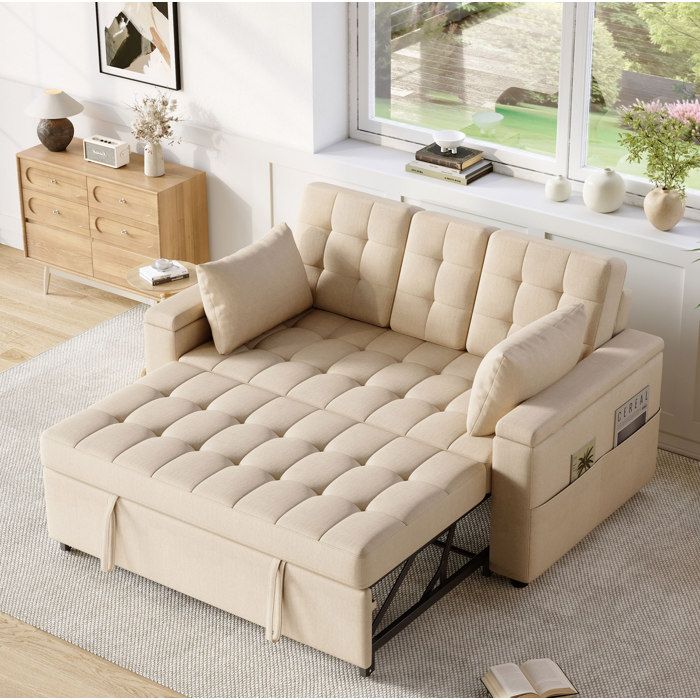 Canapé convertible 2 places beige 159 x 1425 x 92 cm dossier réglable rangements intégrés