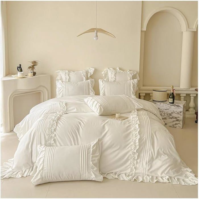 Feuille de Lotus Housse de Couette 200x230cm Duvet Cover+Drap Housse+Taies doreiller48x74cm Ado Fille Adulte (Bl PARURE DE COUETTE