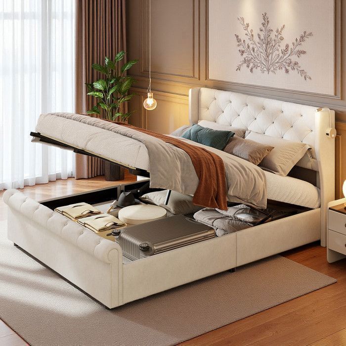 Lit coffre 160x200 en velours beige avec lampe de chevet USB Lit hydraulique double moderne avec rangement tête de lit