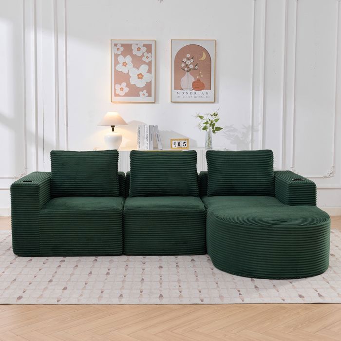 Canapé complètement comprimé de 265 cm de large avec trois oreillers (oreiller en plume + deux porte-tasses en plastique) - canapé d