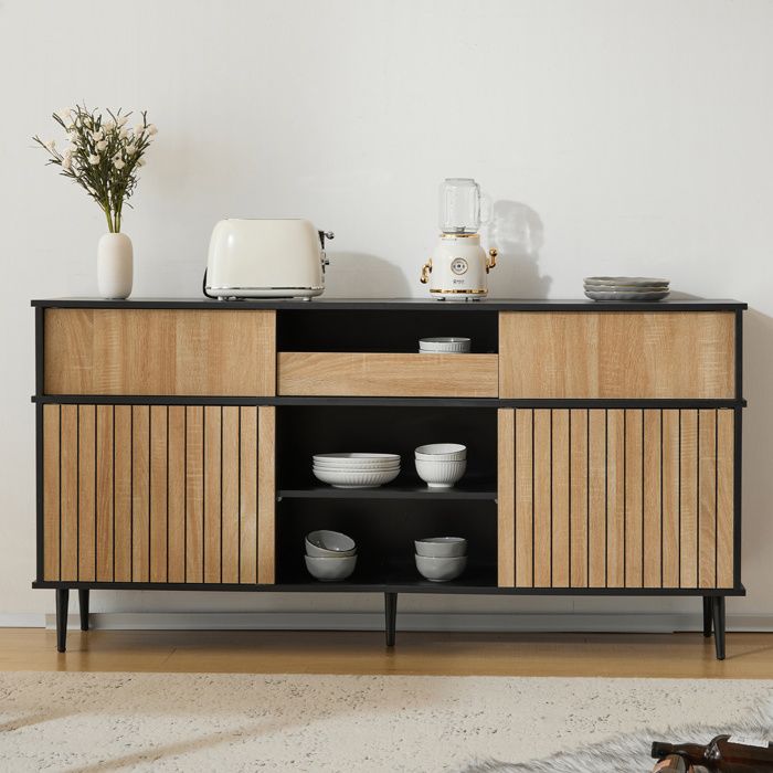 LPOSPI Buffet 4 Portes et 1 Tiroir avec Portes Coulissantes - Bahut Bas en Bois et Métal - Noir et Naturel - 160×40×80 cm