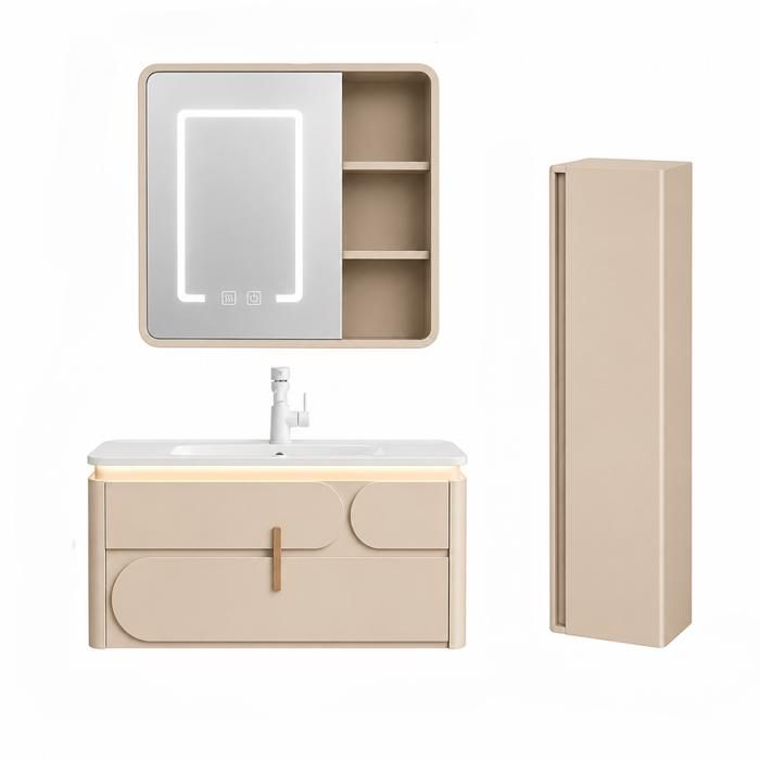 Ensemble meuble de salle de bain avec vasque armoire miroir LED et colonne - 80 cm - Kaki - DALI Ensemble meuble de salle de bain avec vasque armoire miroir LED et colonne - 80 cm - Kaki - DALI