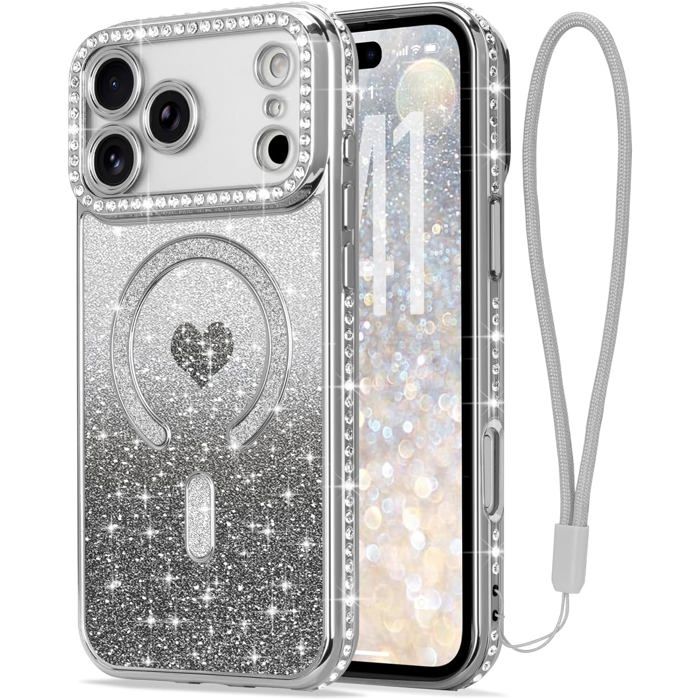 Coque Pour Iphone 17 Pro Max Glitter Pailletés Carte Et Bracelet Pour Filles Femmes Bling Diamond Raised Lens Protection Coq[CS2651]