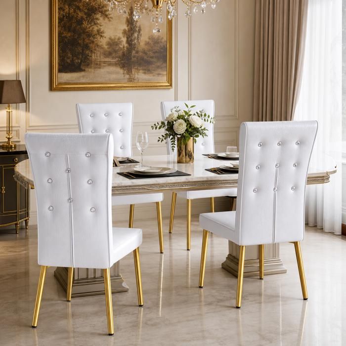 Chaises de salle à manger pieds métal doré dossier rembourré effet cuir design rétro set de 4