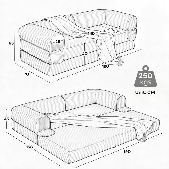 Canapé modulable dangle 3 places convertible 190x156 cm velours côtelé beige sans cadre 1 place + 2 places ORVRYN