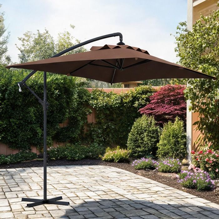 Parasol déporté rectangulaire extérieur en polyester marron 294 x 193 x 250 cm ouverture manivelle