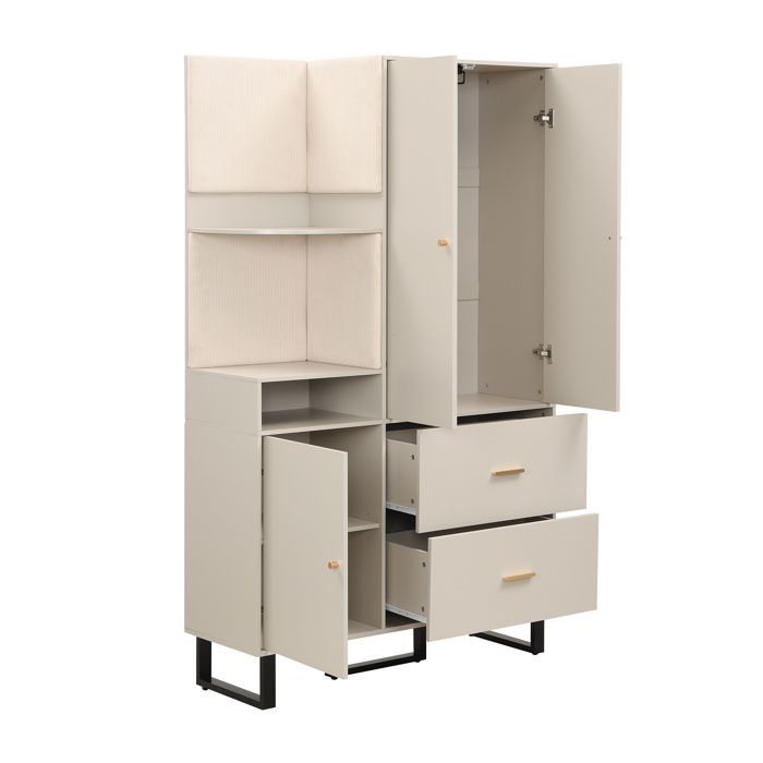 Meuble d’entrée vestiaire avec panneaux rembourrés 2 tiroirs beige gris 110 x 38 x 186 cm