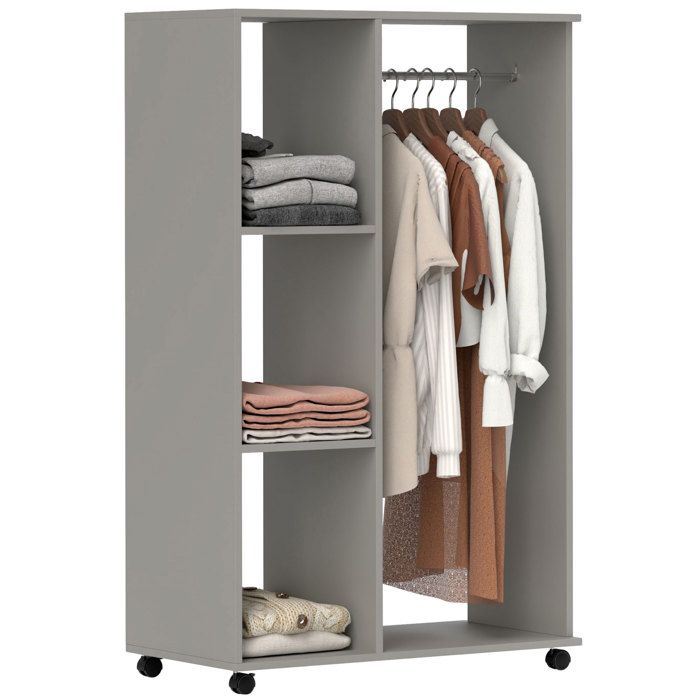 Armoire penderie - HOMCOM - mobile 4 roulettes - tringle à vêtements et étagères ouvertes - bois - 80x40x128cm - gris Armoire penderie - HOMCOM - mobile 4 roulettes - tringle à vêtements et étagères ouvertes - bois - 80x40x128cm - gris