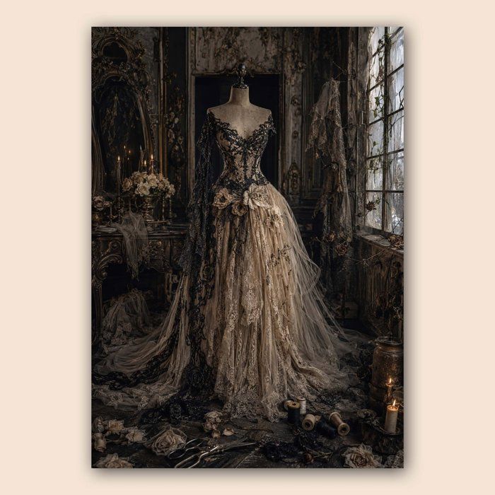 Affiche robe couture A2 vintage - Poster déco noir beige décoration murale chic - Papier épais – 42 × 59 4 cm