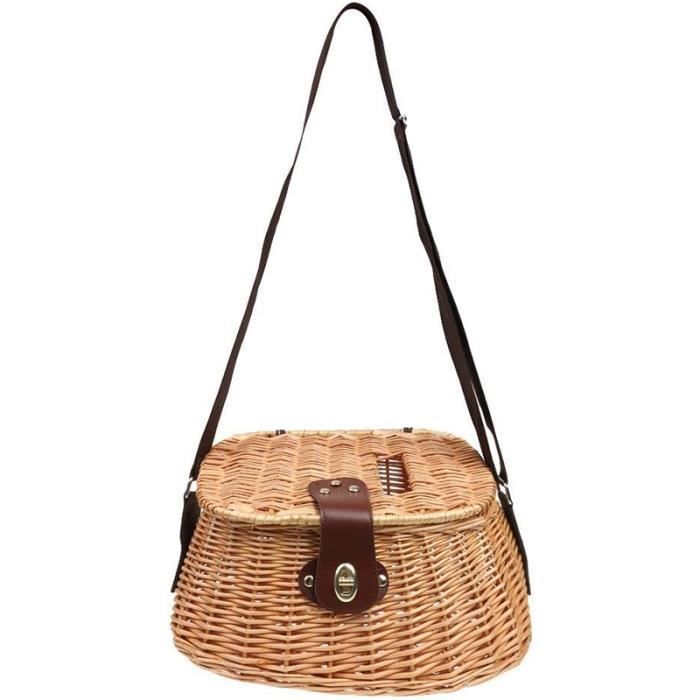 Panier à Poisson En Osier Avec Couvercle Et Sangles - Style Vintage - Taille 36x24x20 Cm - Pour Pêche, Pique-nique, Décoration