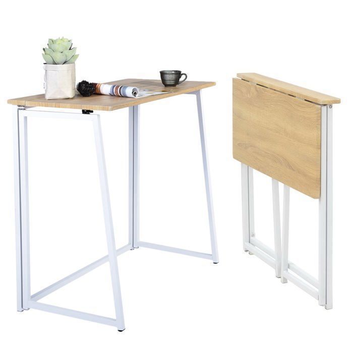 MEUBLES COSY Bureau/table dordinateur industriel pliant en bois de chêne et en métal blanc - ASCOLI MEUBLES COSY Bureau/table dordinateur industriel pliant en bois de chêne et en métal blanc - ASCOLI