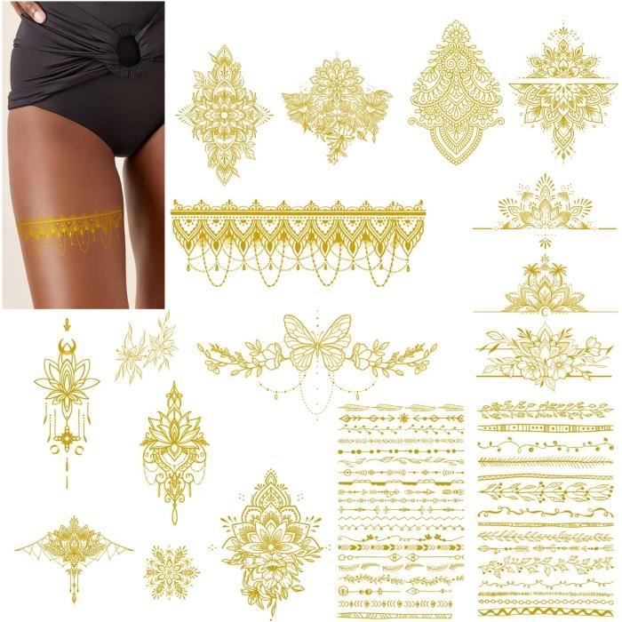 Tatouage Temporaire Flash Doré – Lot De 4 Pièces (bracelet, Collier, Pied) – Jetable étanche