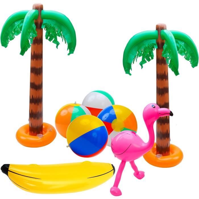 Lot De 8 Jouets Gonflables CHIHOLEN – Palmier, Flamant, Perroquet, Dauphin, Balle, Banane + 2 Porte-Bouteilles – Décoration Piscine/Hawaïenne