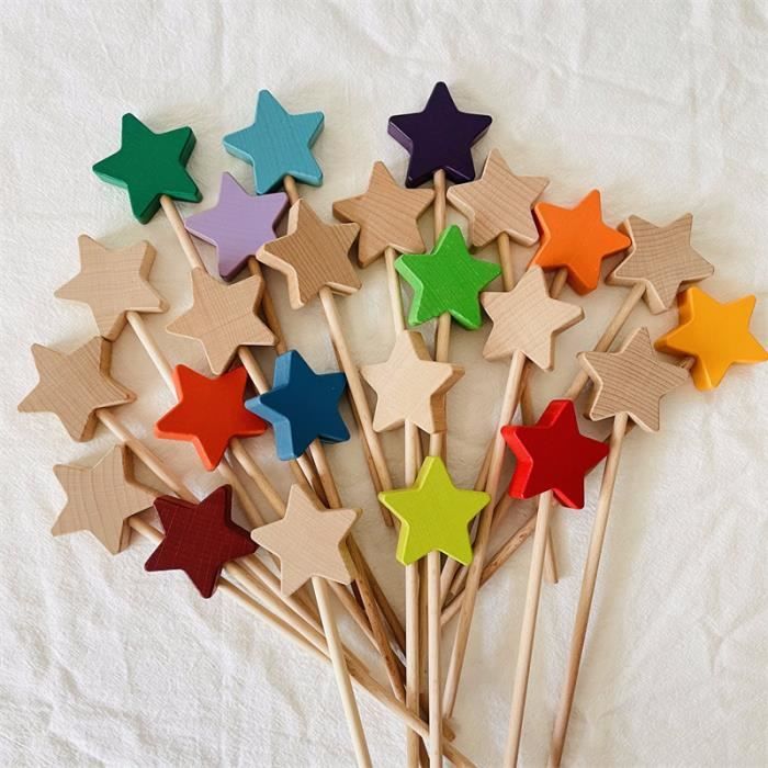 24 pièces-Baguette magique en bois arc en ciel pour enfants, 22.5X5cm,  étoile en bois, arc en ciel naturel, j