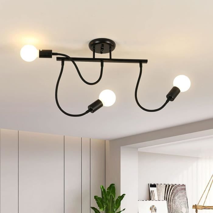Plafonnier Vintage 3 Spots Noir - Lustre Industriel Suspendu E27 Pour Cuisine, Salle à Manger...