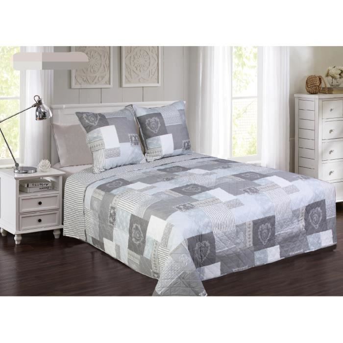 Couvre-lit Boutis De Luxe Percale Pur Coton 230x250 Cm – Ensemble Avec 2 Taies 65x65 Cm, Couleur Gris
