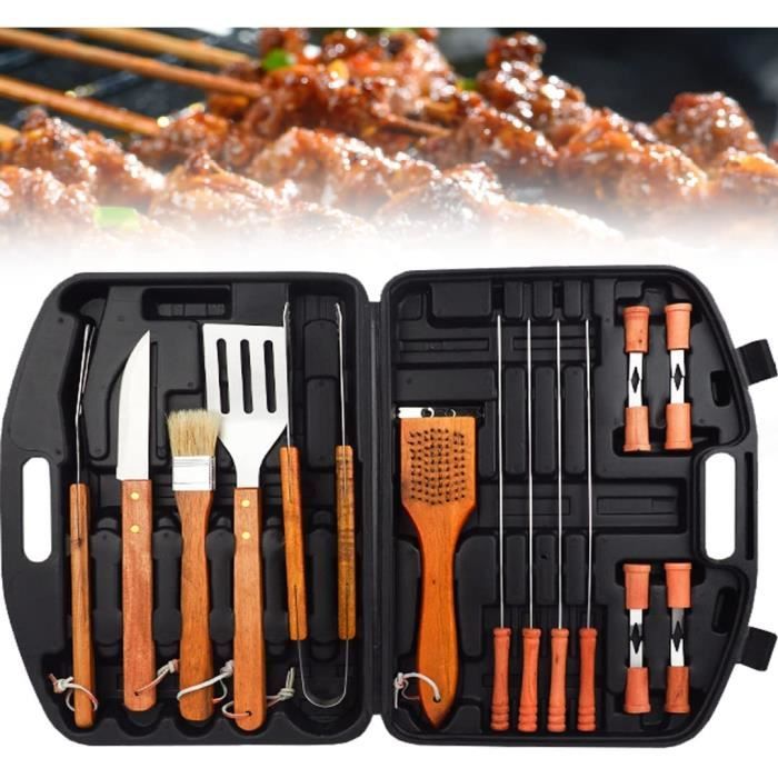 Ensemble D'outils Barbecue Complet Avec étui - Ustensiles Inox, Manches Bois - Idéal Jardin, Camping, Famille