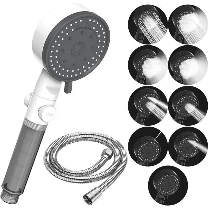 Pommeau De Douche Avec Tuyau 2m - 3 Modes, Économie D'Eau, Haute Pression, Design Étoilé - Blanc - 9
