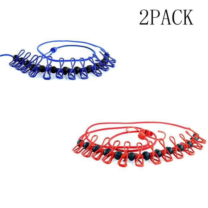 Corde à Linge Portable élastique - 2 Pièces Avec 12 Clips | Pour Camping, Voyage Ou Intérieur | Ajustable