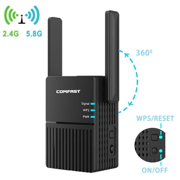 Répéteur WiFi - 1200Mbps Booster WiFi Extender - Dual Band 2.4&5.8Ghz & 2*3dBi WiFi Antenne Up to 300m2 - Amplificateur WiFi -Noir