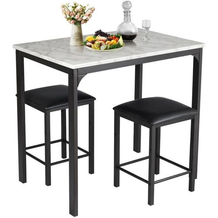 COSTWAY Ensemble de Table à Manger 3 Pièces avec 2 Tabourets sans Dossier en Faux Cuir Design Compact pour Cuisine Salon Blanc