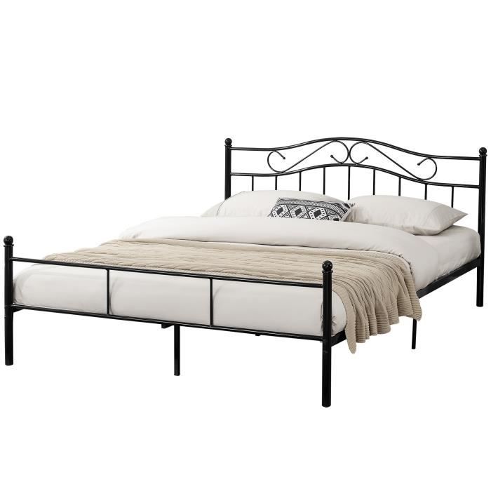 en.casa lit métallique (Florenz)(200 x 200cm)(noir) avec tête incurvée - thermolaqué - sommier à lattes inclus
